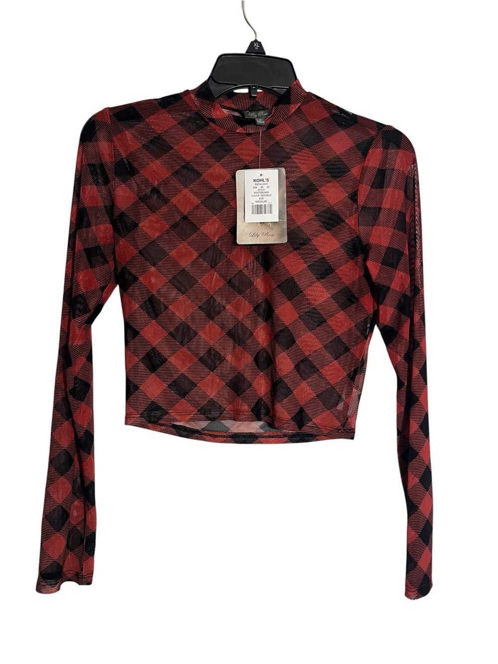 Lily Rose Red and Black Plaid Long-Sleeve Mesh Top